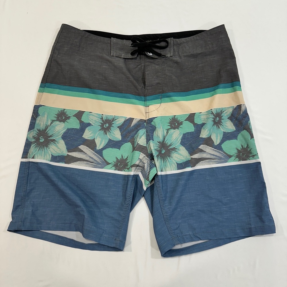 O'Rageous Floral Striped Board Shorts Mens 30 Blue Teal Zipper Pocket Surf core‎